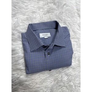 ETON Dress Shirt Men's XL Gingham Plaid Blue Brown Button Down 46 - 18 Office